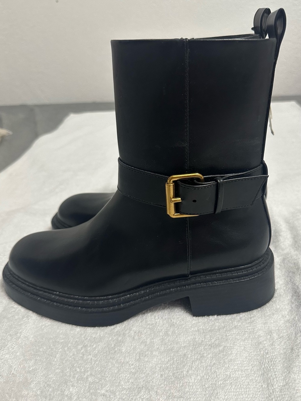 Zara Black leather ankle boots with gold buckle detail size 38